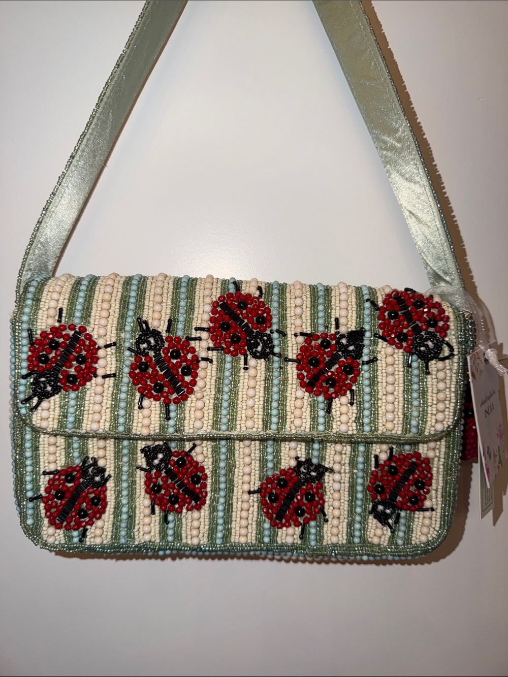 NWT-Viral Beaded Ladybug Shoulder Bag in Cream, Green and Red